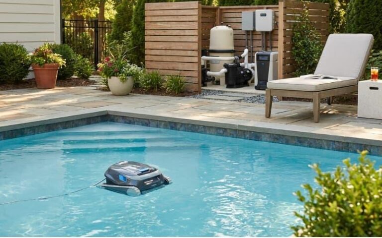 Modern pool equipment helping reduce weekend pool cleaning pressure in a residential backyard